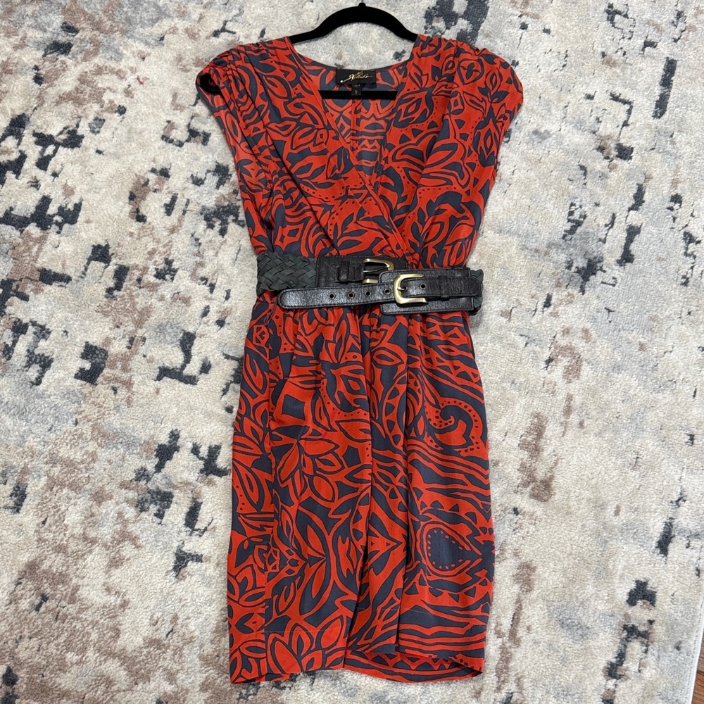 Akiko Saks Tigris Print Red Gray Silk Dress